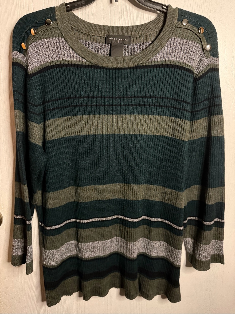 Investments Striped Crewneck Sweater in Green, Gray and Teal